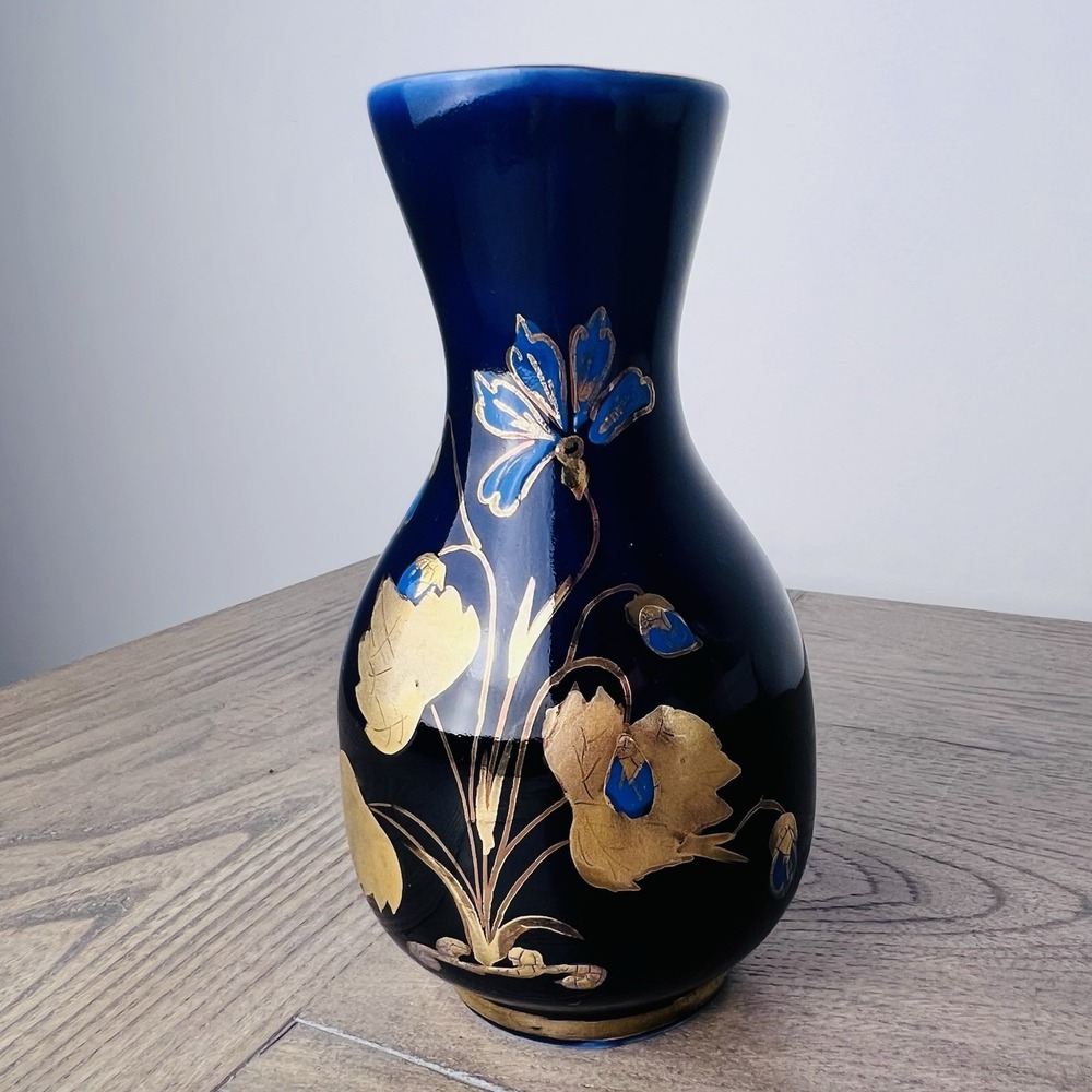 Vintage French Cobalt Blue Porcelain Vase Gold Gilt Floral 5.5" France